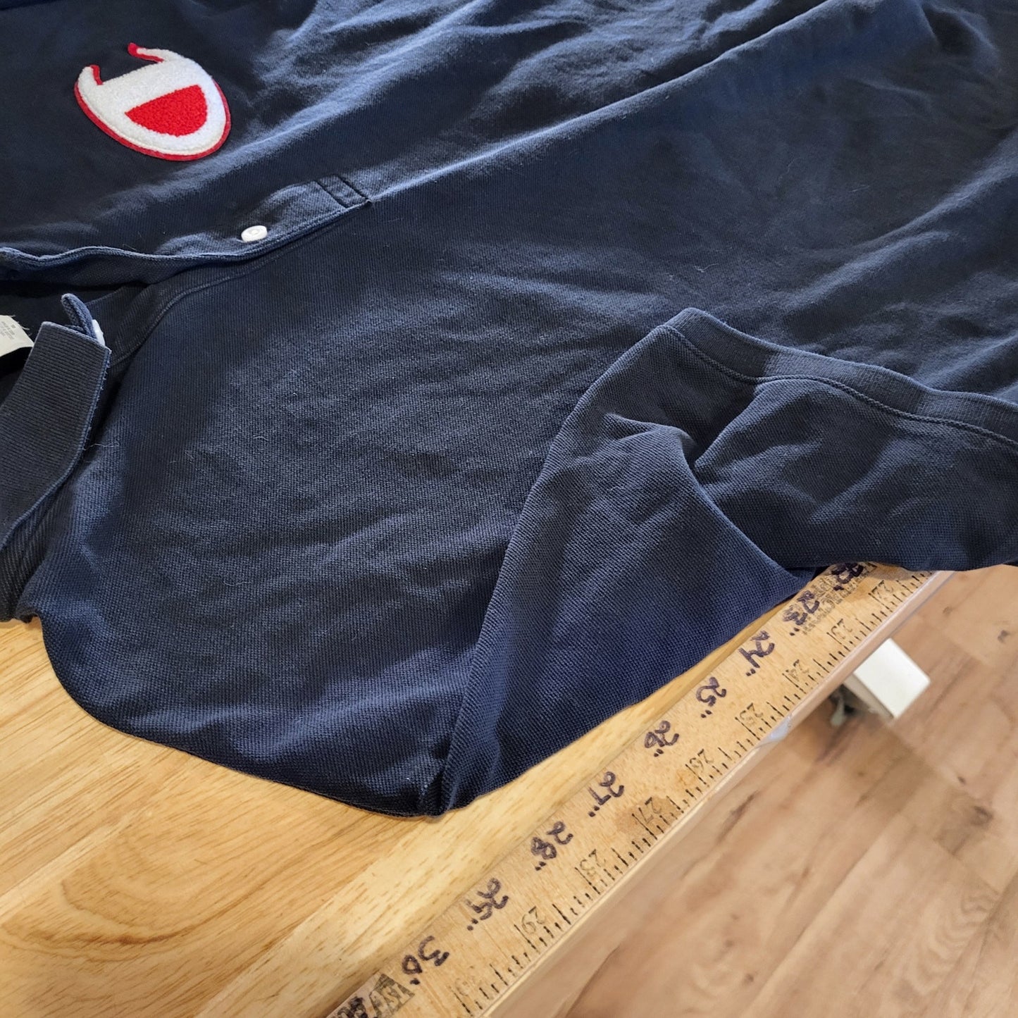Champion NAVY blue Polo Large Chenille Logo Front & Back 2Xl 25" pit 2 pit 29" L