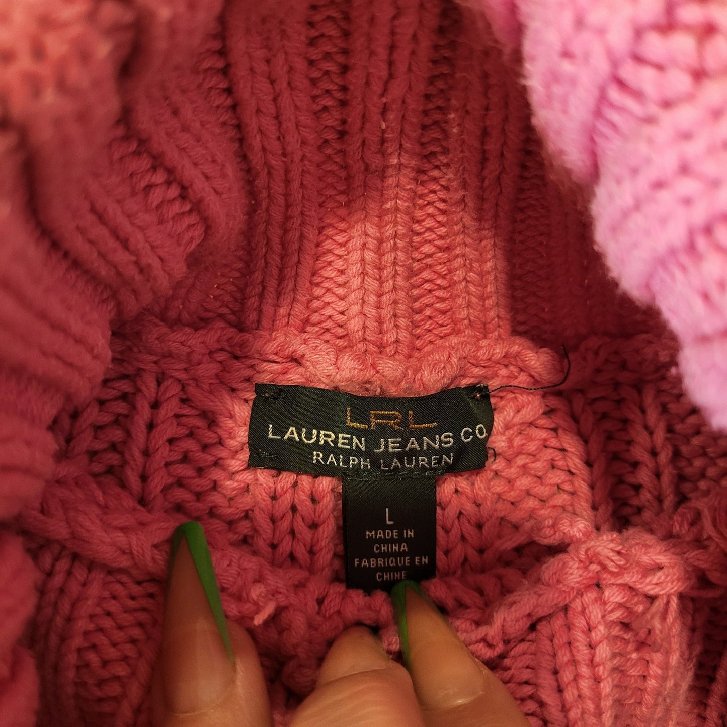 Lauren by Ralph Lauren pink turtleneck cable knit sweater cotton Large