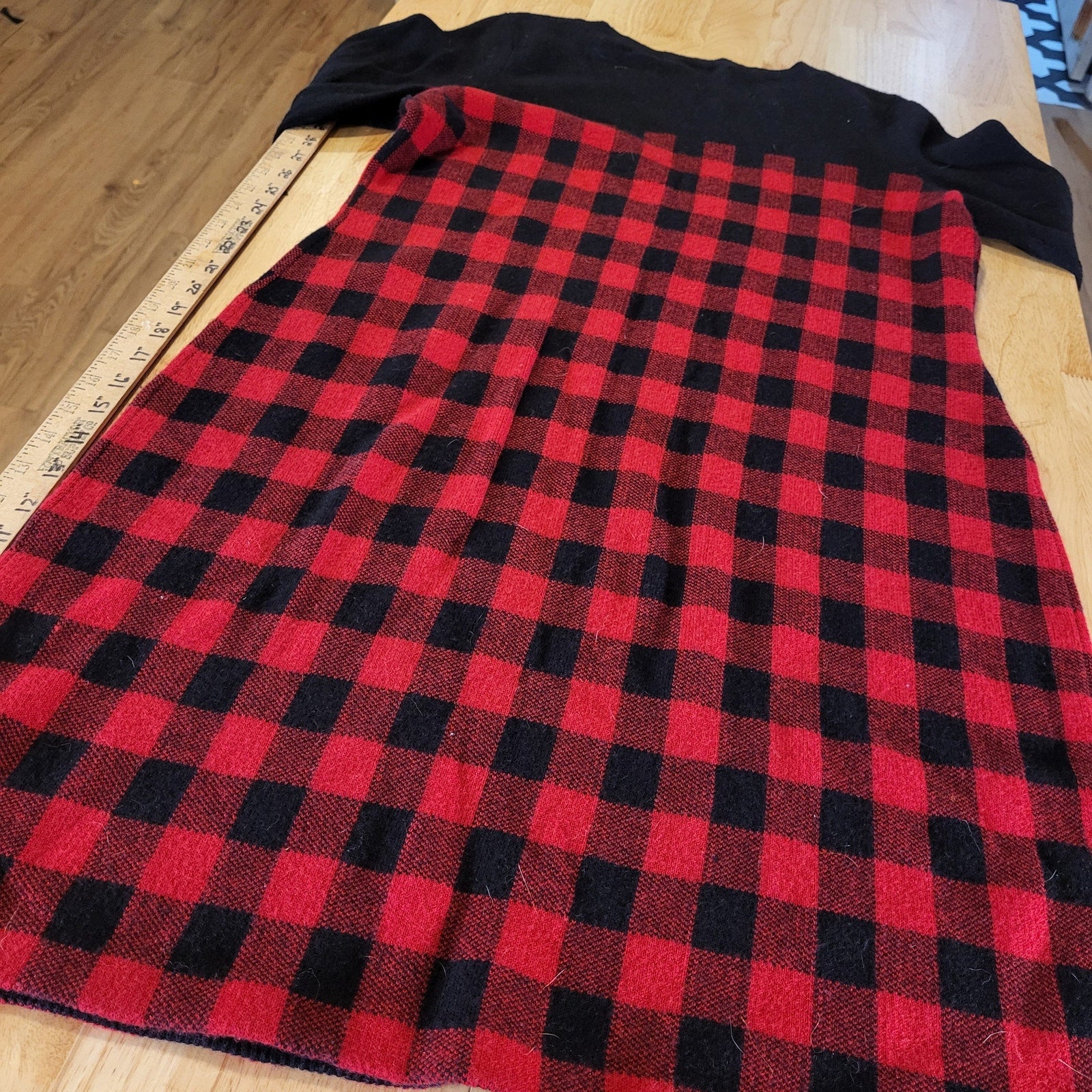 Talbots Red Buffalo Check Sweater Dress Gold Zip Wool Rayon Blend Knit Large