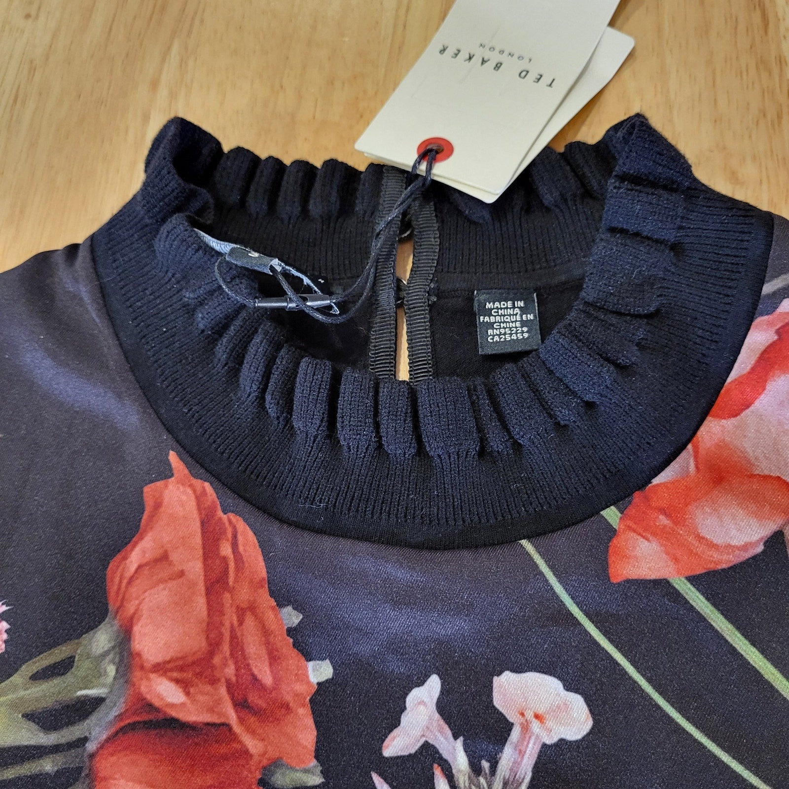 NWT Ted Baker Black & Red Floral Blouse Sweater Mock Neck Ruffle 20" P2P Small