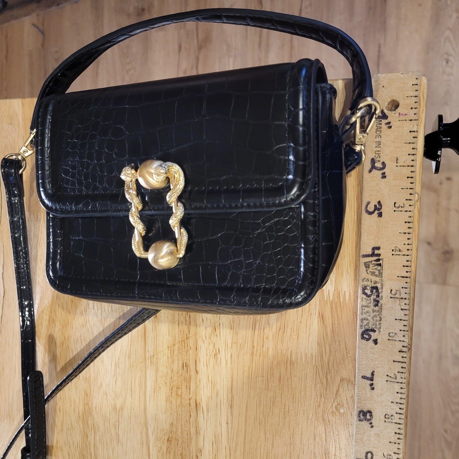 New Without Tags Zara Black Cross Body Bag Gold Metal Snake Closure Faux Leather