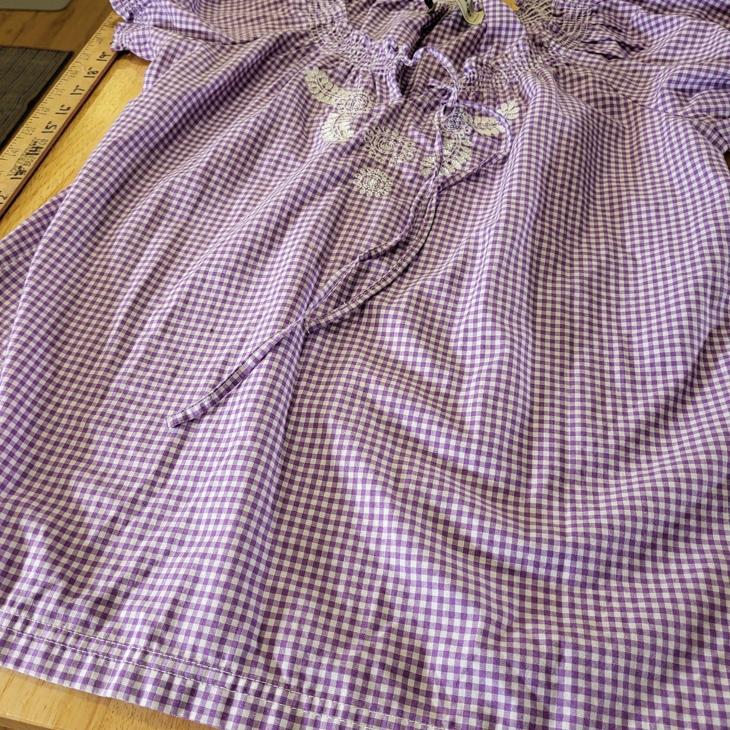 NWT Bit & Bridle Purple Gingham Milk Maid Top Cotton Puff Sleeve Embroidered 20"