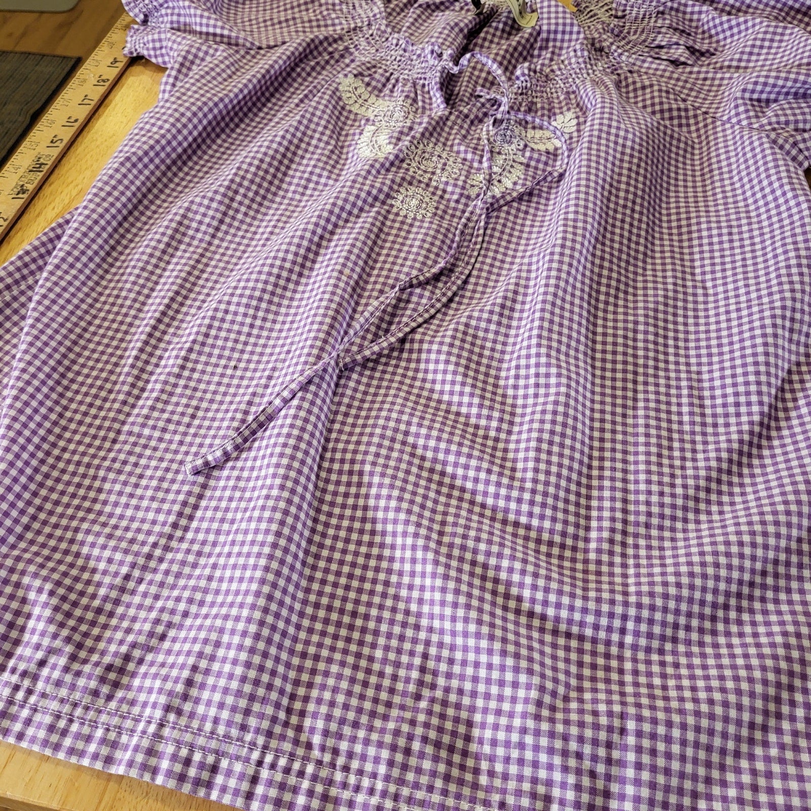 NWT Bit & Bridle Purple Gingham Milk Maid Top Cotton Puff Sleeve Embroidered 20"