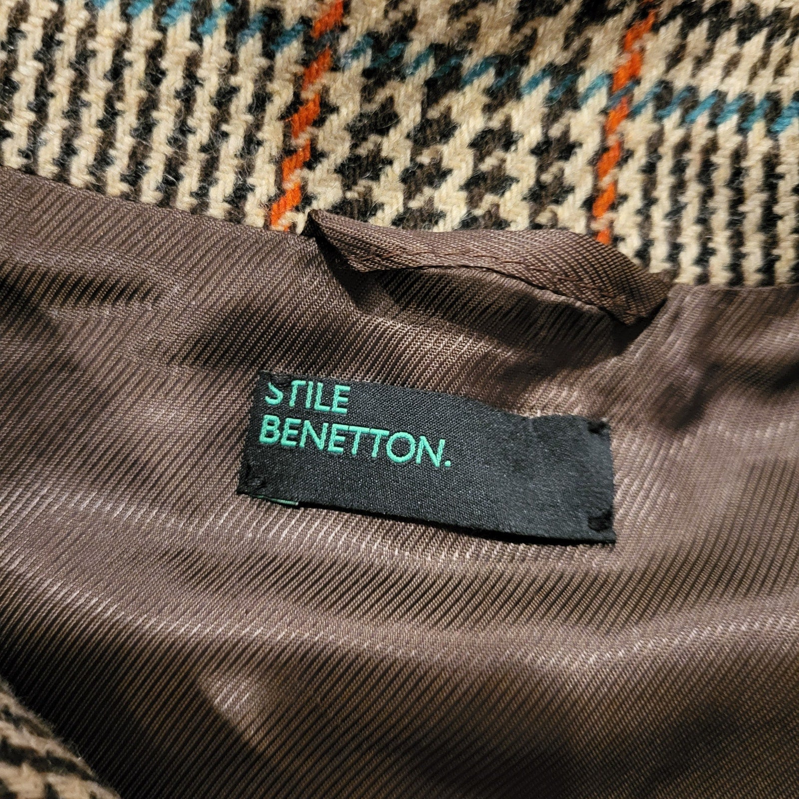Vintage Benetton houndstooth vest brown trim cap sleeve wool blend small