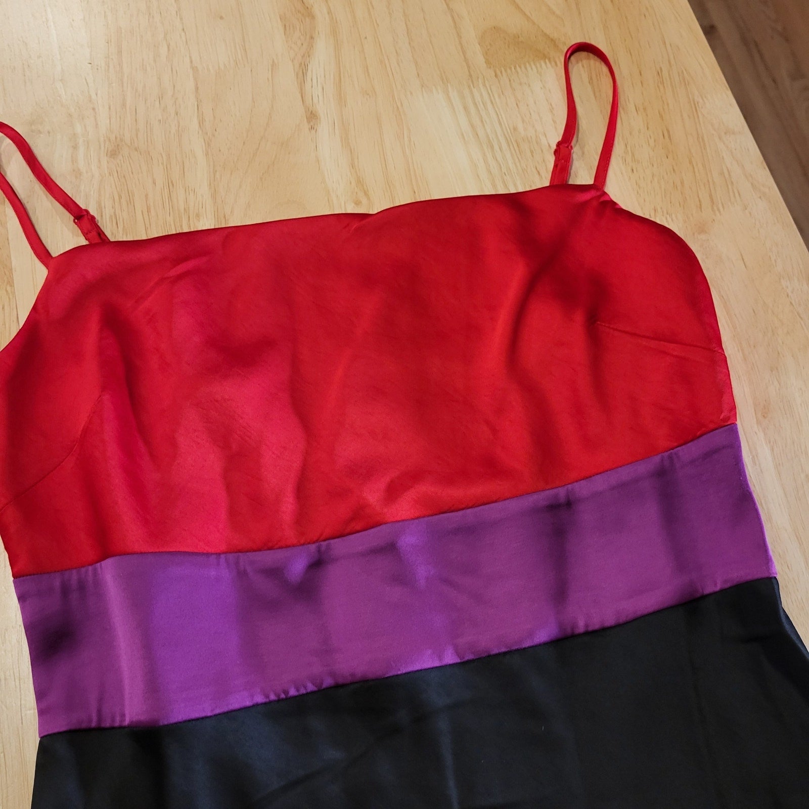 Express Color Block Satin Spaghetti Strap Red Pink & Black Midi Side Slit small