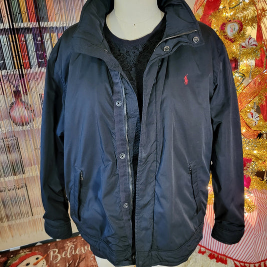 Ralph Lauren Black Nylon Fleece Lined Jacket Red Logo 27 inches pit to pits