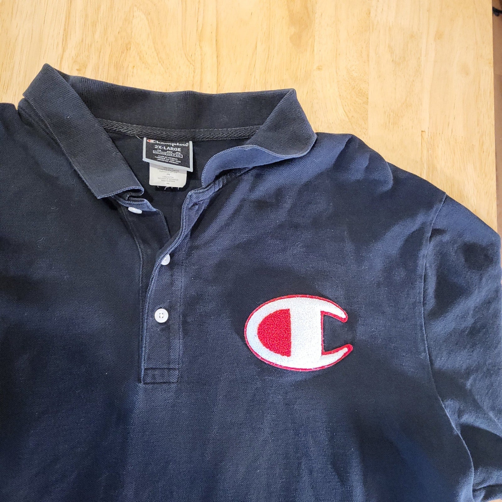 Champion NAVY blue Polo Large Chenille Logo Front & Back 2Xl 25" pit 2 pit 29" L