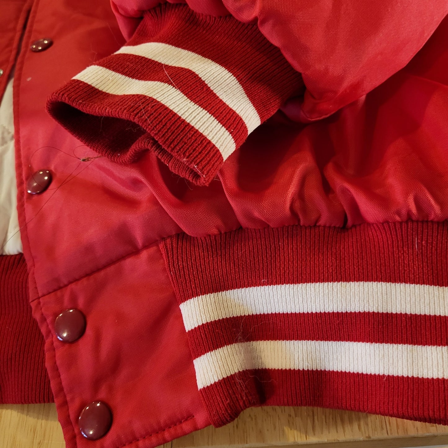 Vintage red Central City Wildcats softball coach jacket white detail 28" p2p