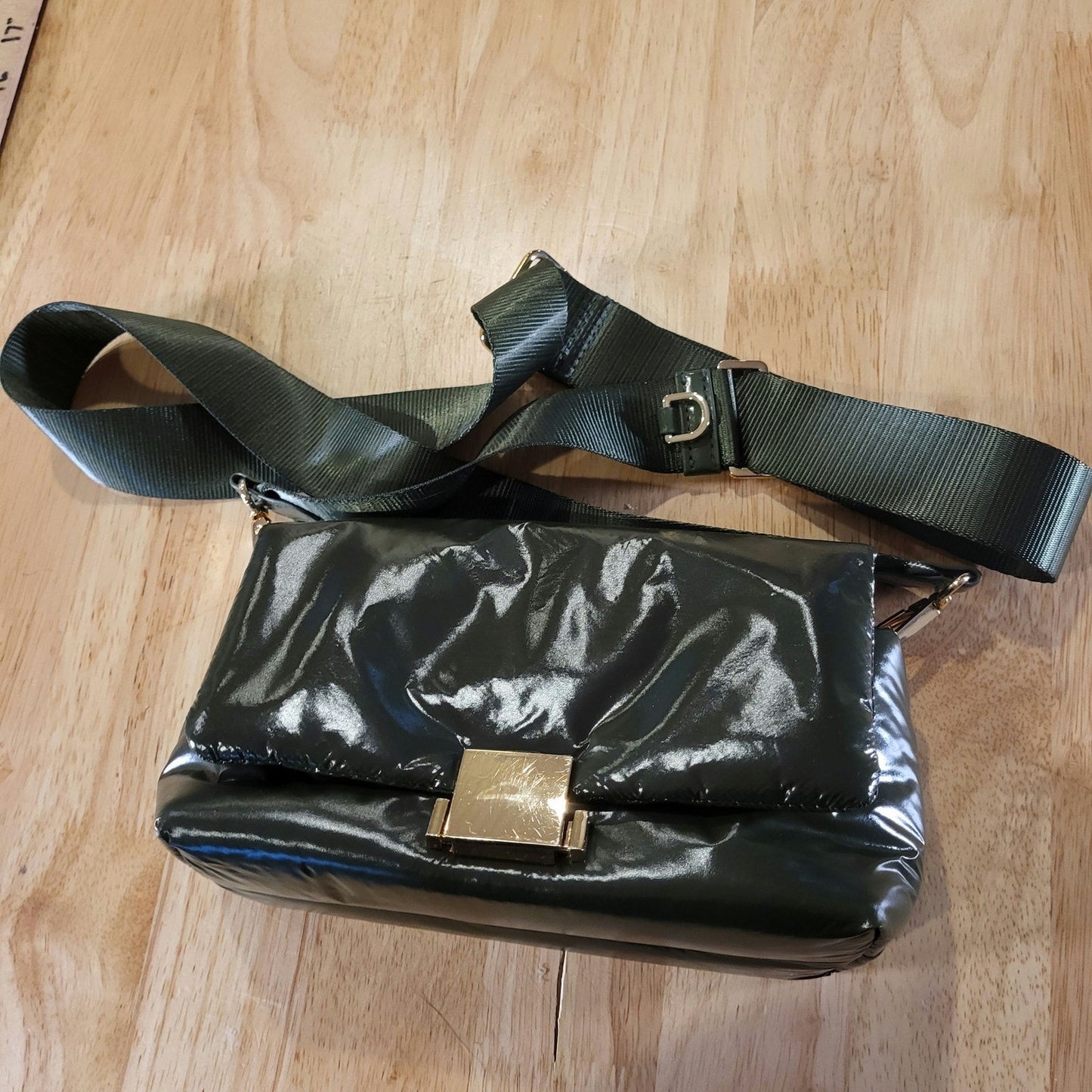 A New Day Green Puffer Purse Nylon Strap Gold Hardware 8" X 5"