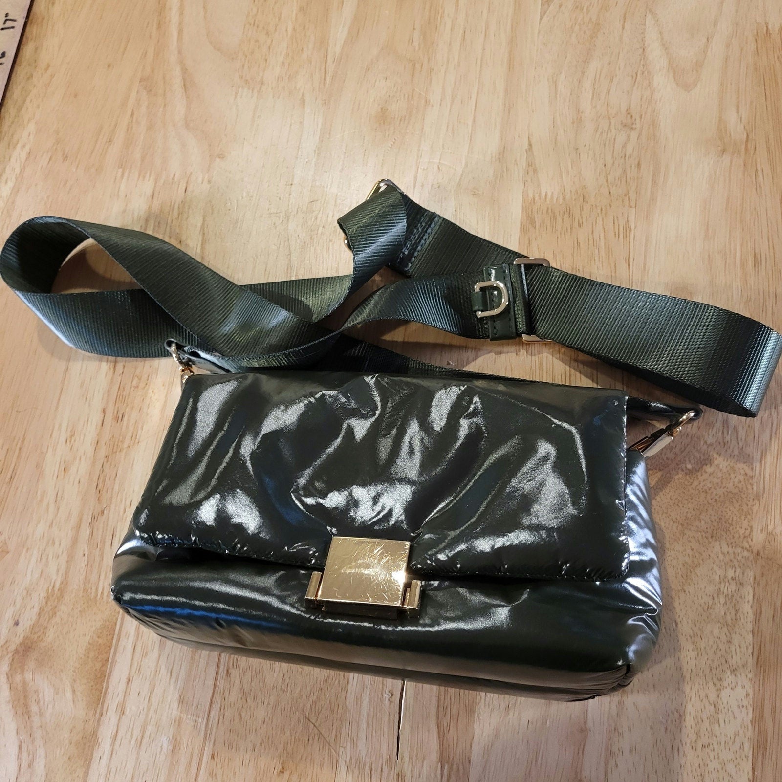 A New Day Green Puffer Purse Nylon Strap Gold Hardware 8" X 5"