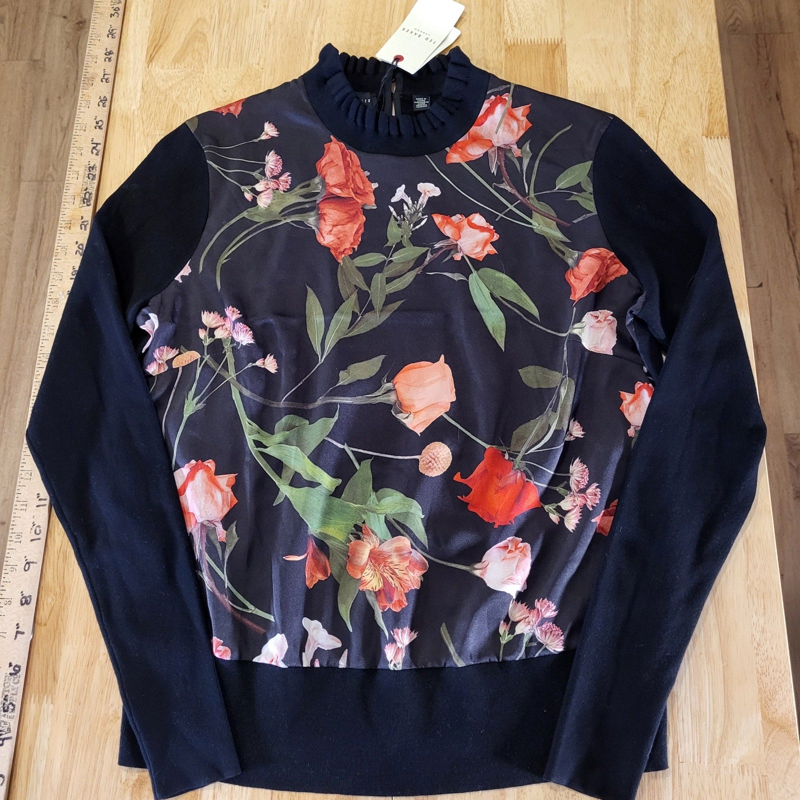 NWT Ted Baker Black & Red Floral Blouse Sweater Mock Neck Ruffle 20" P2P Small