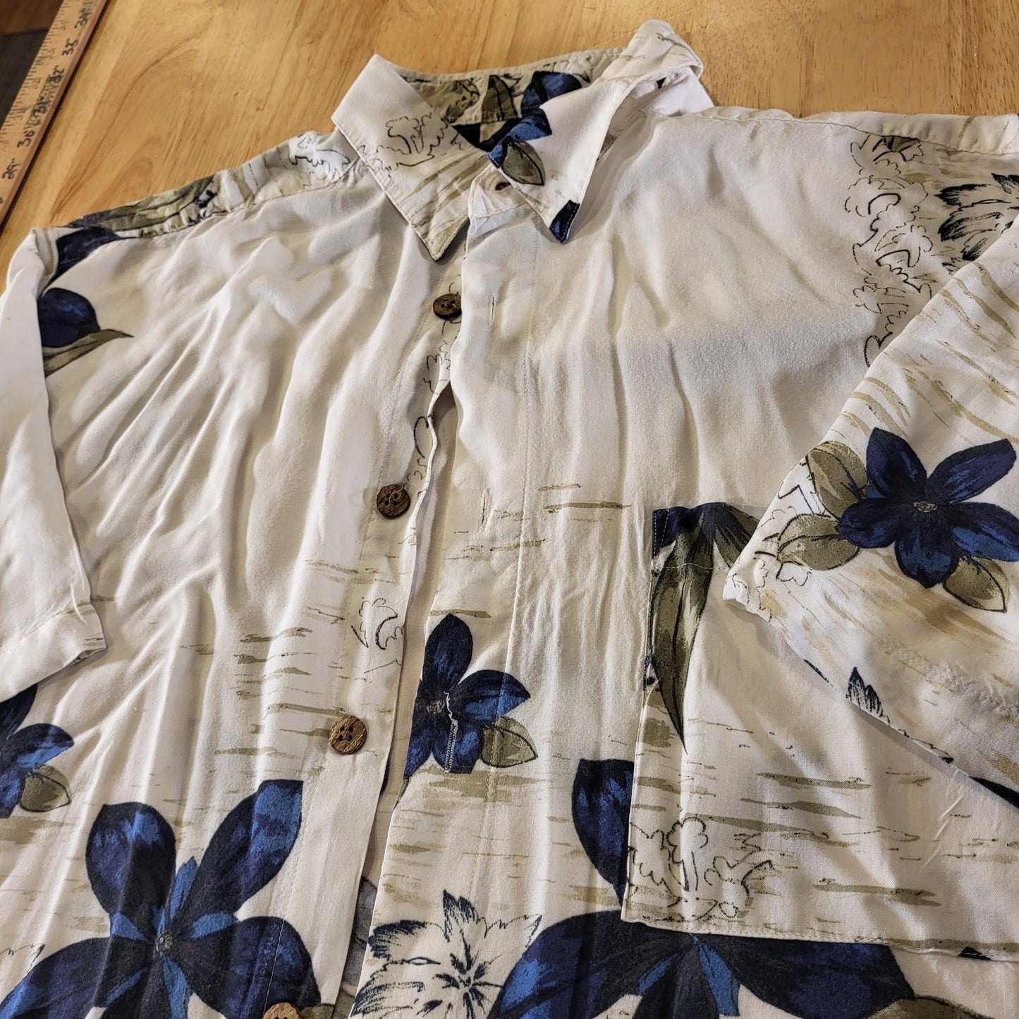 Puritan Viscos White Hawaiian Collared Short Sleeve Shirt Blue Green Large