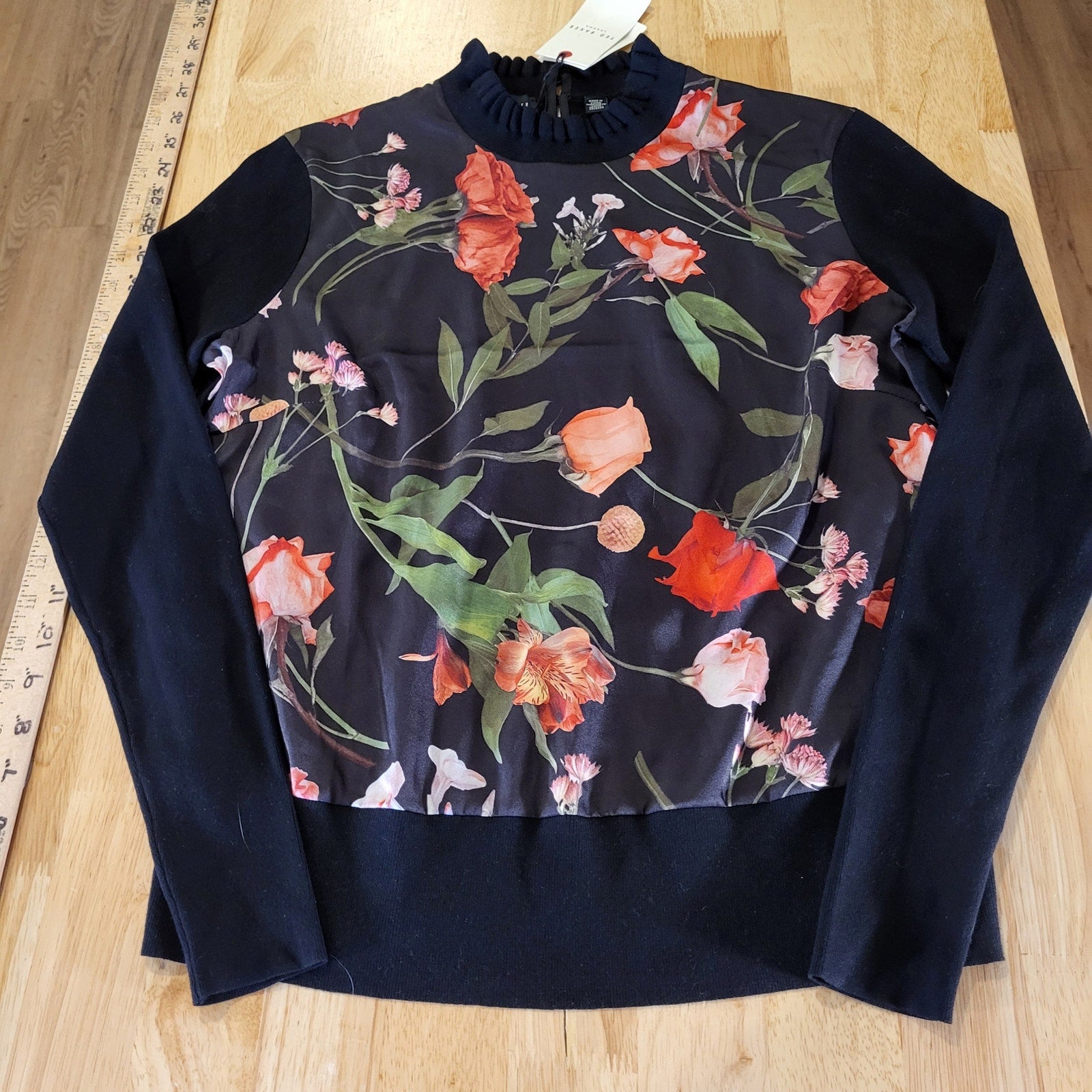 NWT Ted Baker Black & Red Floral Blouse Sweater Mock Neck Ruffle 20" P2P Small