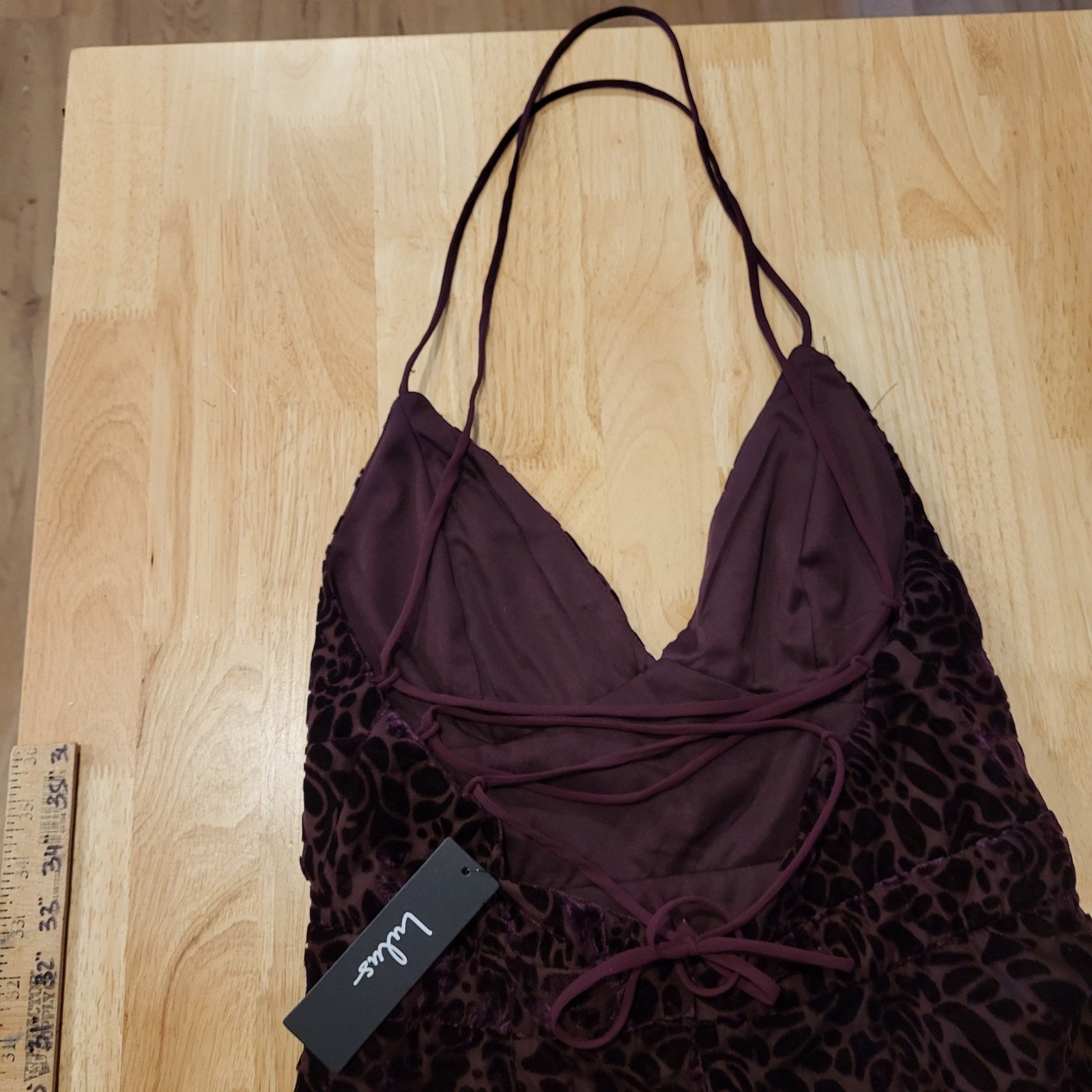 Lulu's Purple Plum Velvet Floral Burnout Spaghetti  Crisscross Back Wide leg