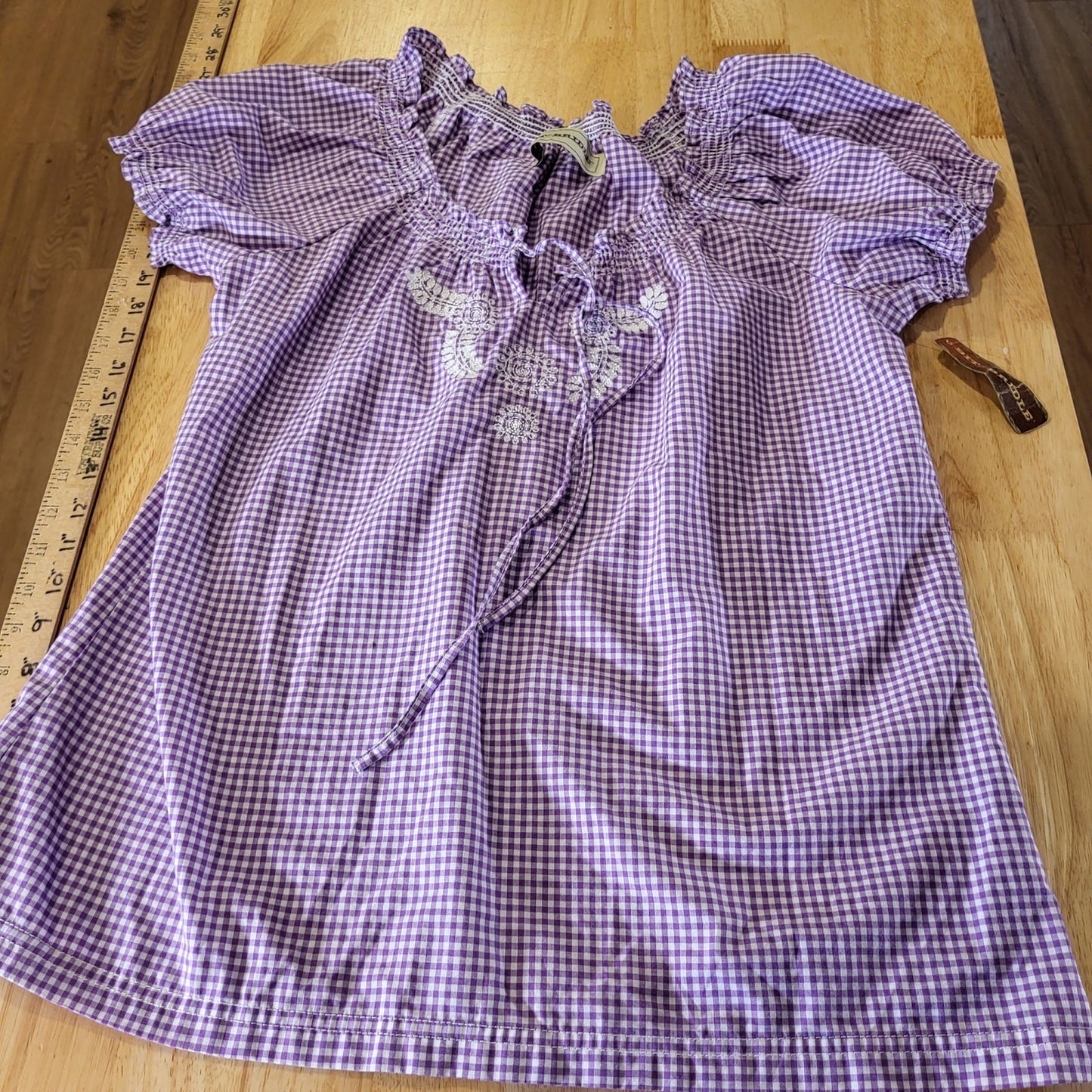 NWT Bit & Bridle Purple Gingham Milk Maid Top Cotton Puff Sleeve Embroidered 20"