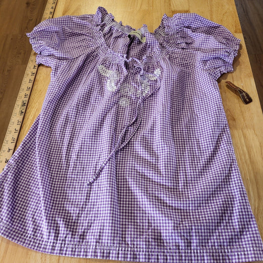 NWT Bit & Bridle Purple Gingham Milk Maid Top Cotton Puff Sleeve Embroidered 20"