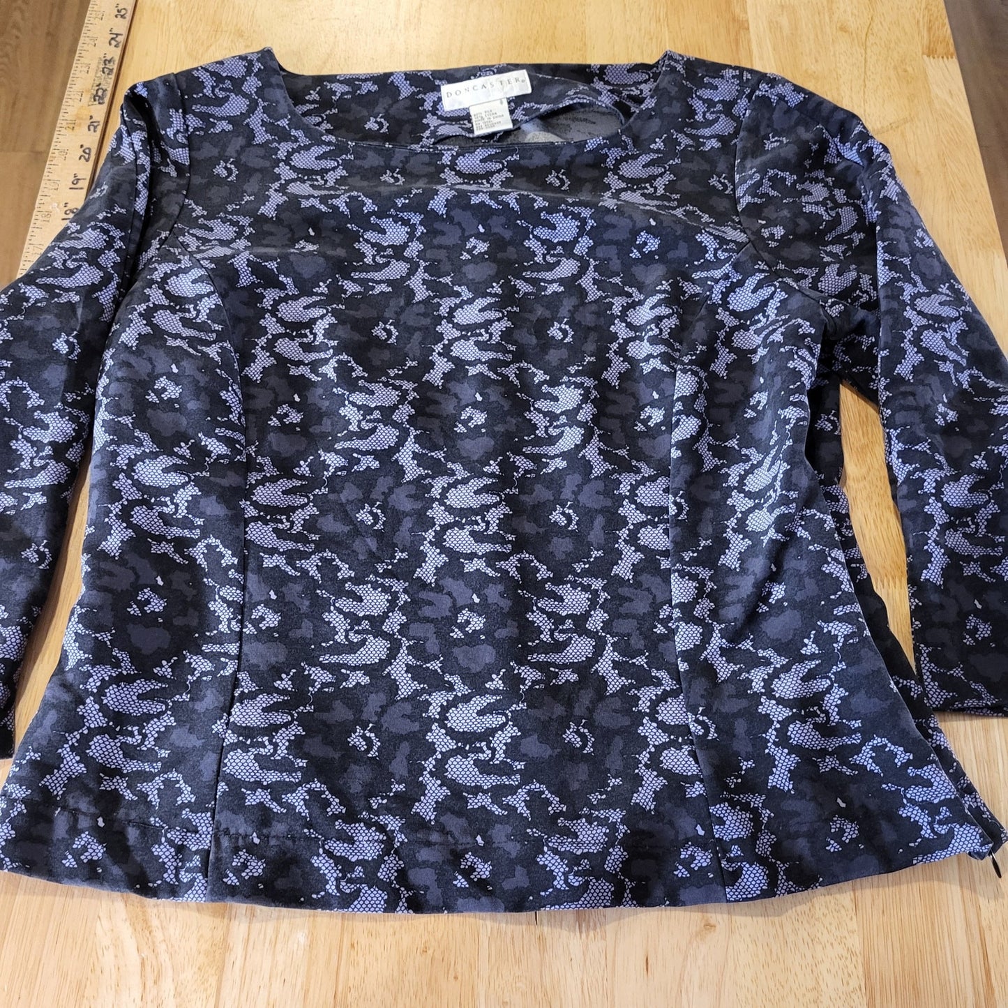 Doncaster purple and black lace print silks 3/4 length sleeve invisible zipper 