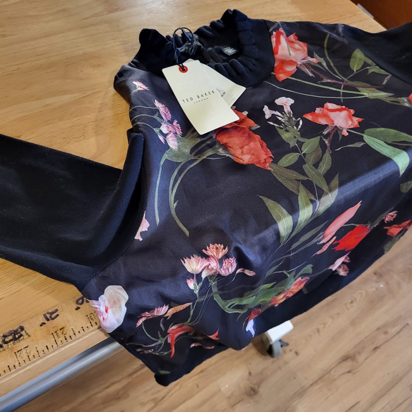NWT Ted Baker Black & Red Floral Blouse Sweater Mock Neck Ruffle 20" P2P Small