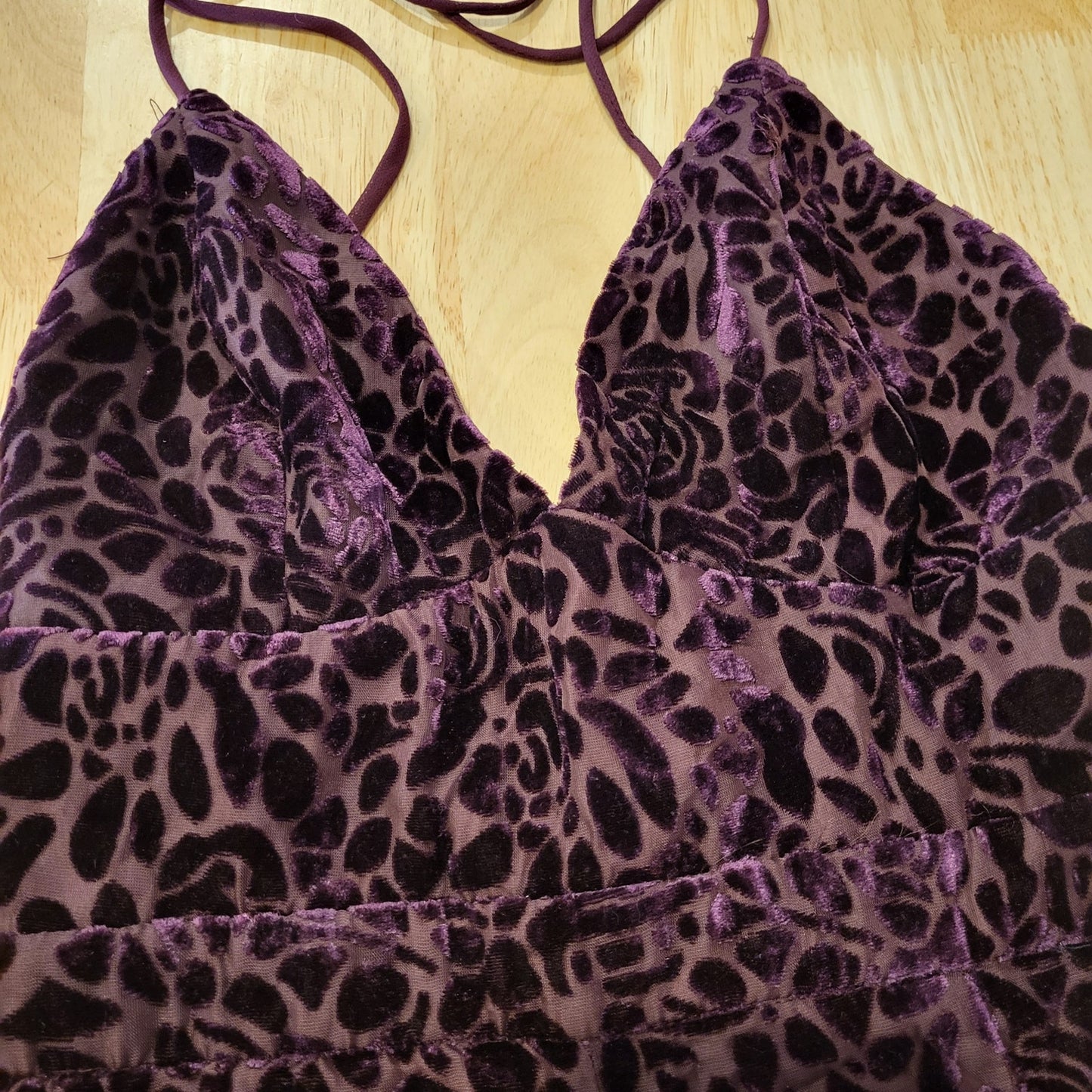 Lulu's Purple Plum Velvet Floral Burnout Spaghetti  Crisscross Back Wide leg