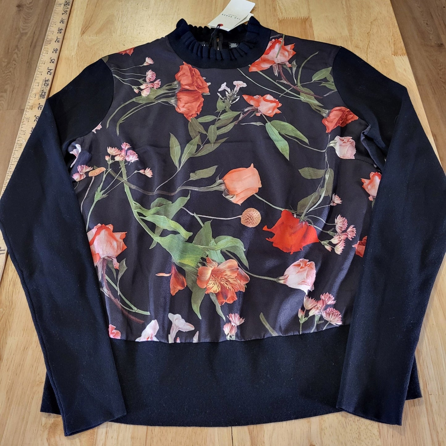 NWT Ted Baker Black & Red Floral Blouse Sweater Mock Neck Ruffle 20" P2P Small