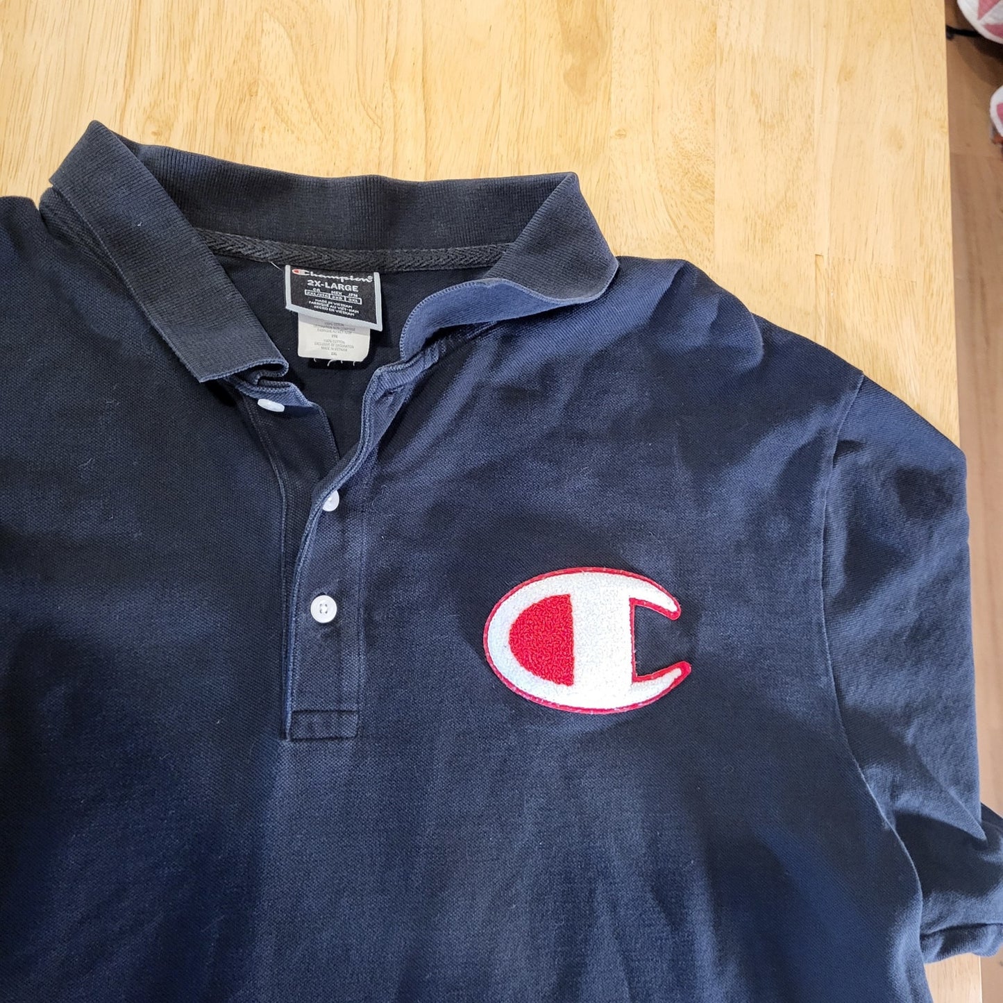 Champion NAVY blue Polo Large Chenille Logo Front & Back 2Xl 25" pit 2 pit 29" L