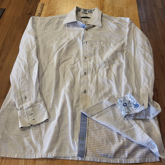 Visconti Men's White & Blue Cotton Button Down Collared Dress Shirt XL Blue