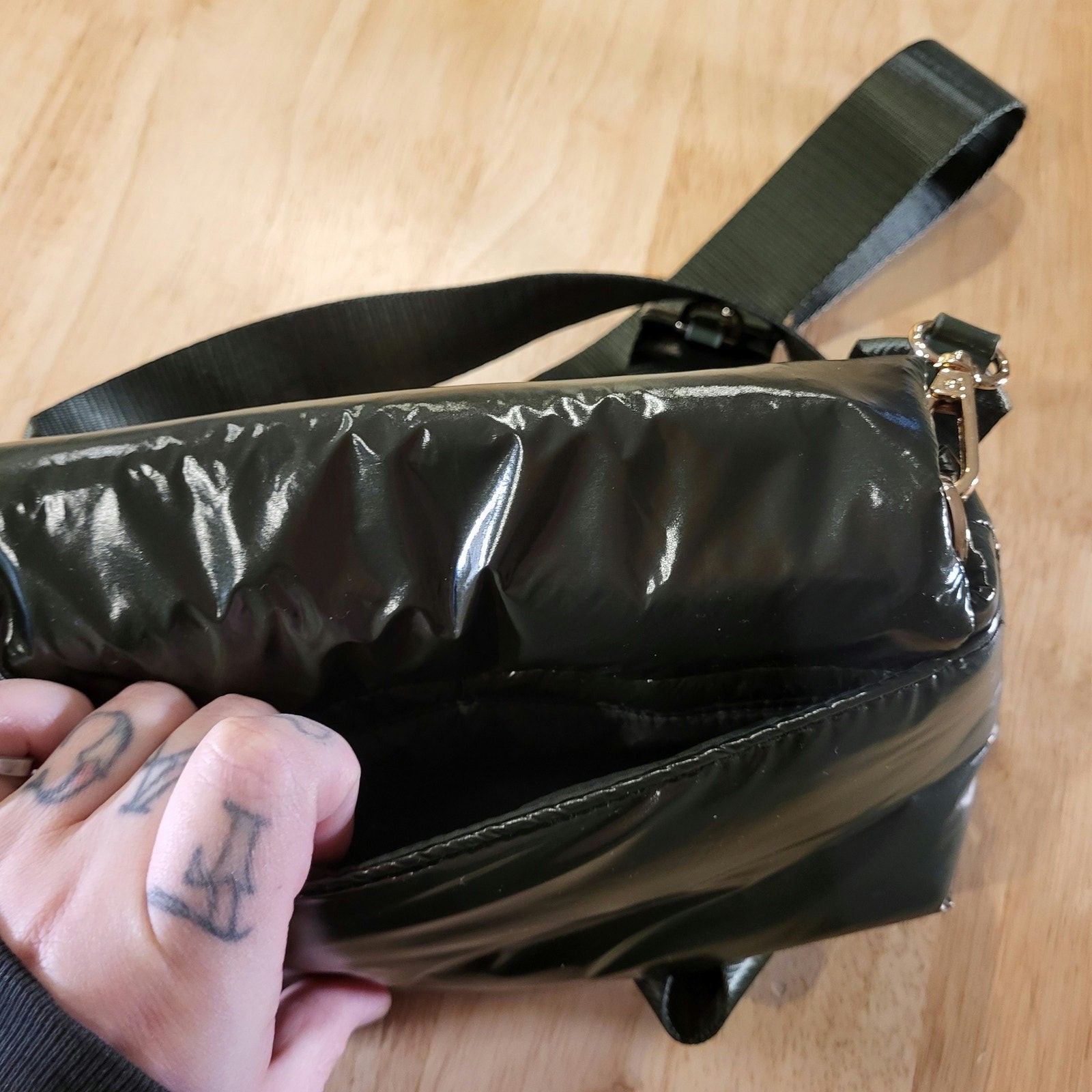 A New Day Green Puffer Purse Nylon Strap Gold Hardware 8" X 5"