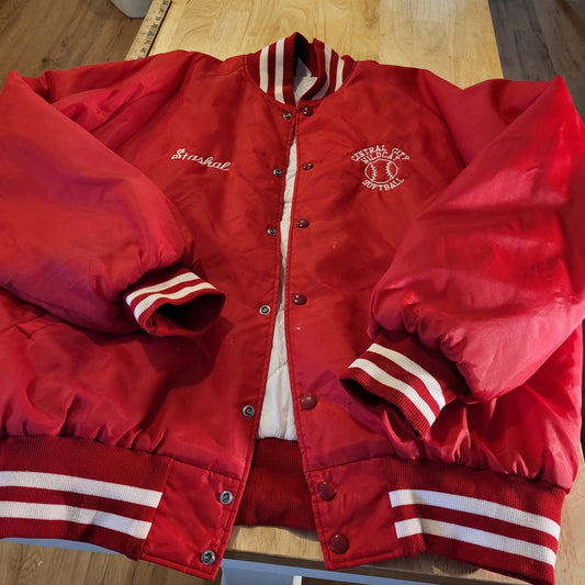 Vintage red Central City Wildcats softball coach jacket white detail 28" p2p