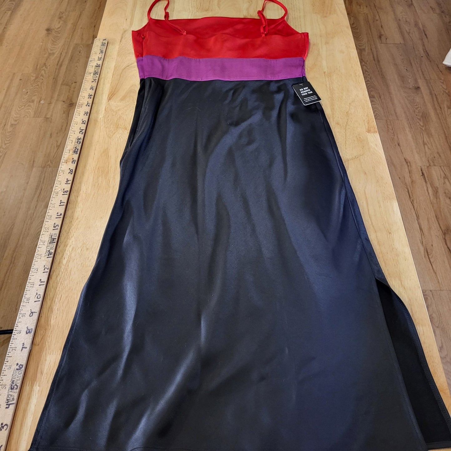 Express Color Block Satin Spaghetti Strap Red Pink & Black Midi Side Slit small
