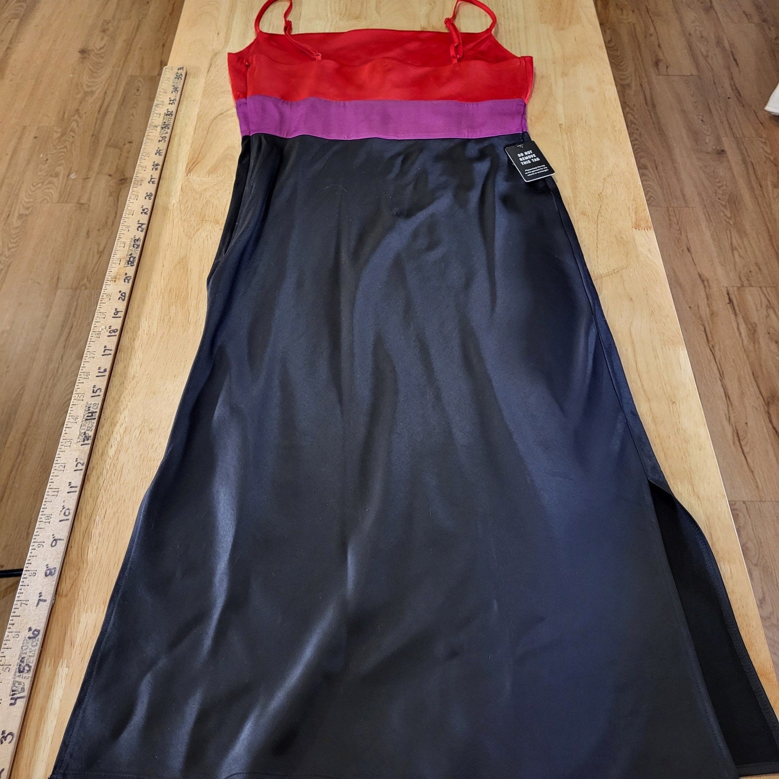 Express Color Block Satin Spaghetti Strap Red Pink & Black Midi Side Slit small