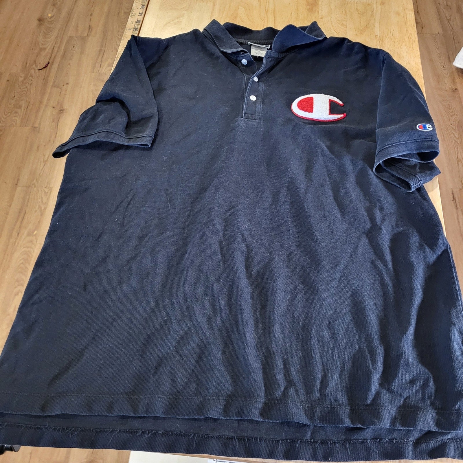 Champion NAVY blue Polo Large Chenille Logo Front & Back 2Xl 25" pit 2 pit 29" L