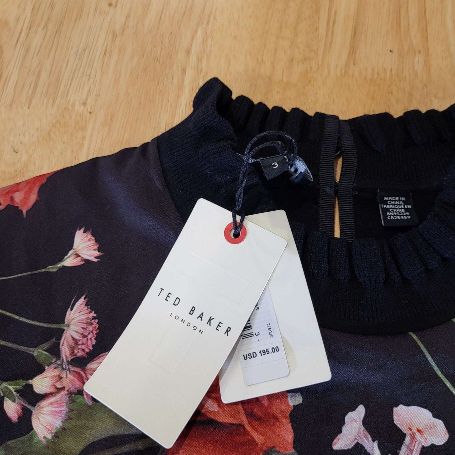 NWT Ted Baker Black & Red Floral Blouse Sweater Mock Neck Ruffle 20" P2P Small
