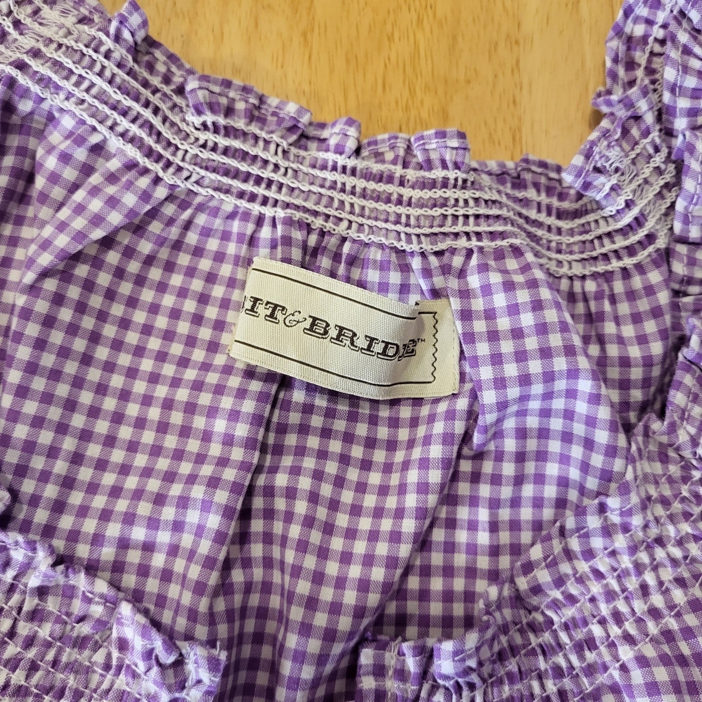 NWT Bit & Bridle Purple Gingham Milk Maid Top Cotton Puff Sleeve Embroidered 20"