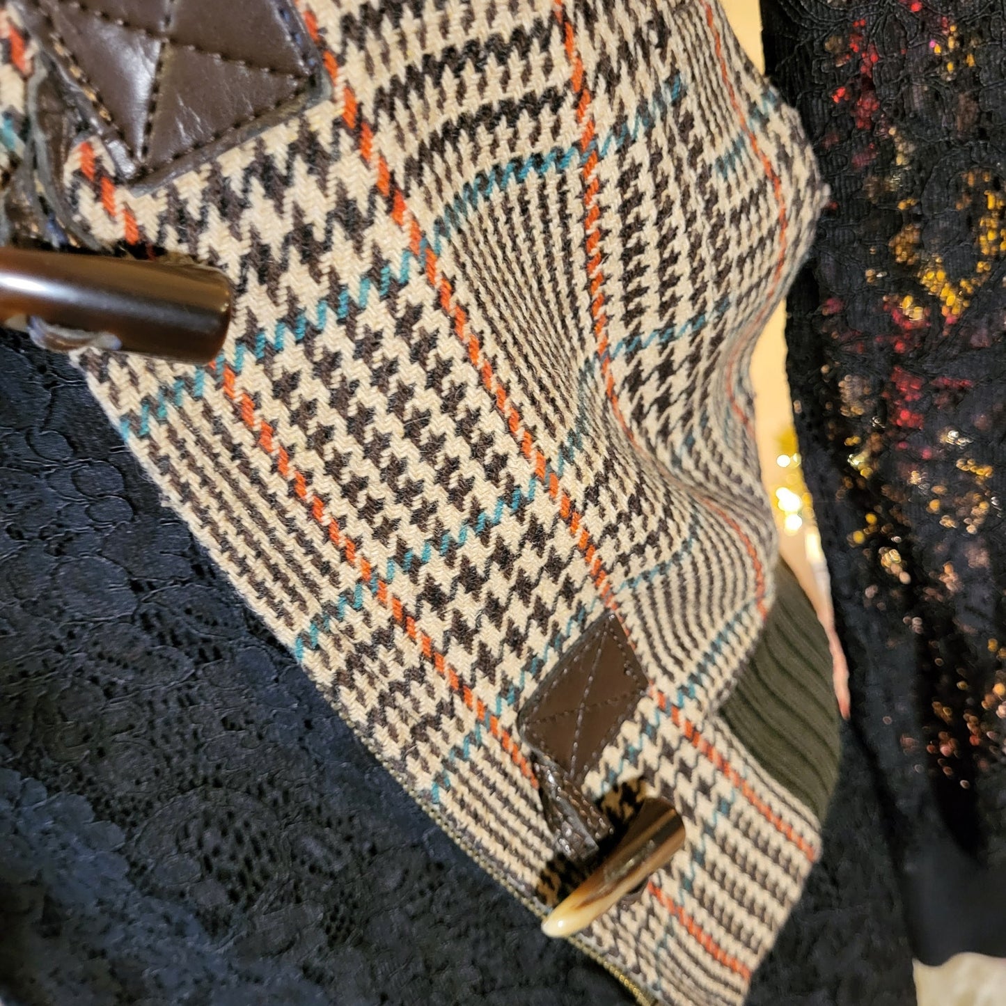 Vintage Benetton houndstooth vest brown trim cap sleeve wool blend small
