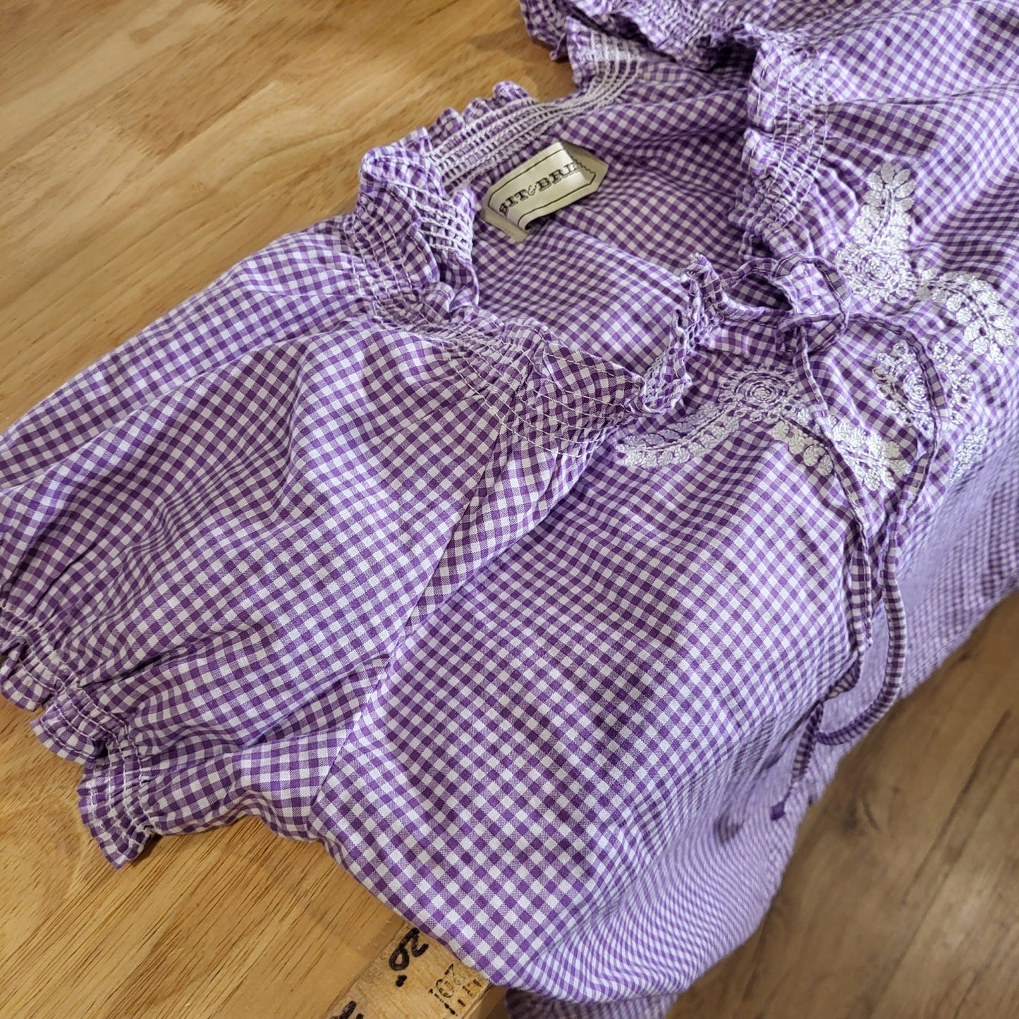 NWT Bit & Bridle Purple Gingham Milk Maid Top Cotton Puff Sleeve Embroidered 20"
